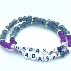 Badass spell out beaded stretch bracelet ONE NEW Stackable pearl beads silver to